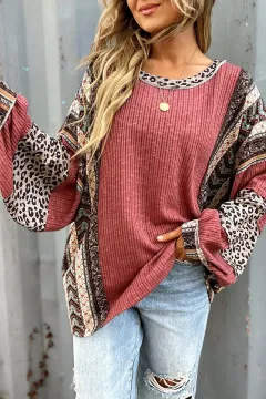 Women's Casual Shirt Contrast Colour Striped Round Neck Sleeve Loose Sweater - Wine - View 1