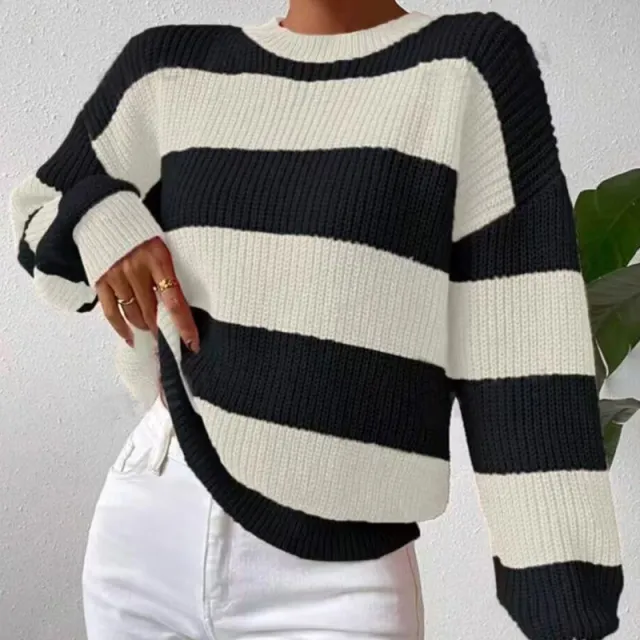 Women's Striped Sweater Loose Long Sleeve Pullover Black And White Stripes - Shop at LoveMi