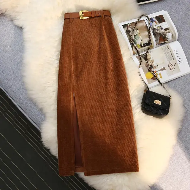 Hip wrapped One step High Waist A Line Corduroy Skirt For Women Brown - Shop at LoveMi