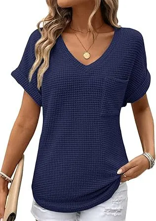 V neck Summer Short Sleeve Waffle Pocket Shirt Navy Blue - Shop at LoveMi