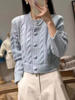 Lazy Round Neck Knitted Soft Glutinous Wool Cardigan Sweater Coat For Women - Light Blue - View 1