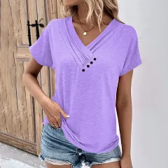 Women's Casual V-neck Short-sleeved T-shirt Pleated Solid Color Buttons Top - Violet - View 1