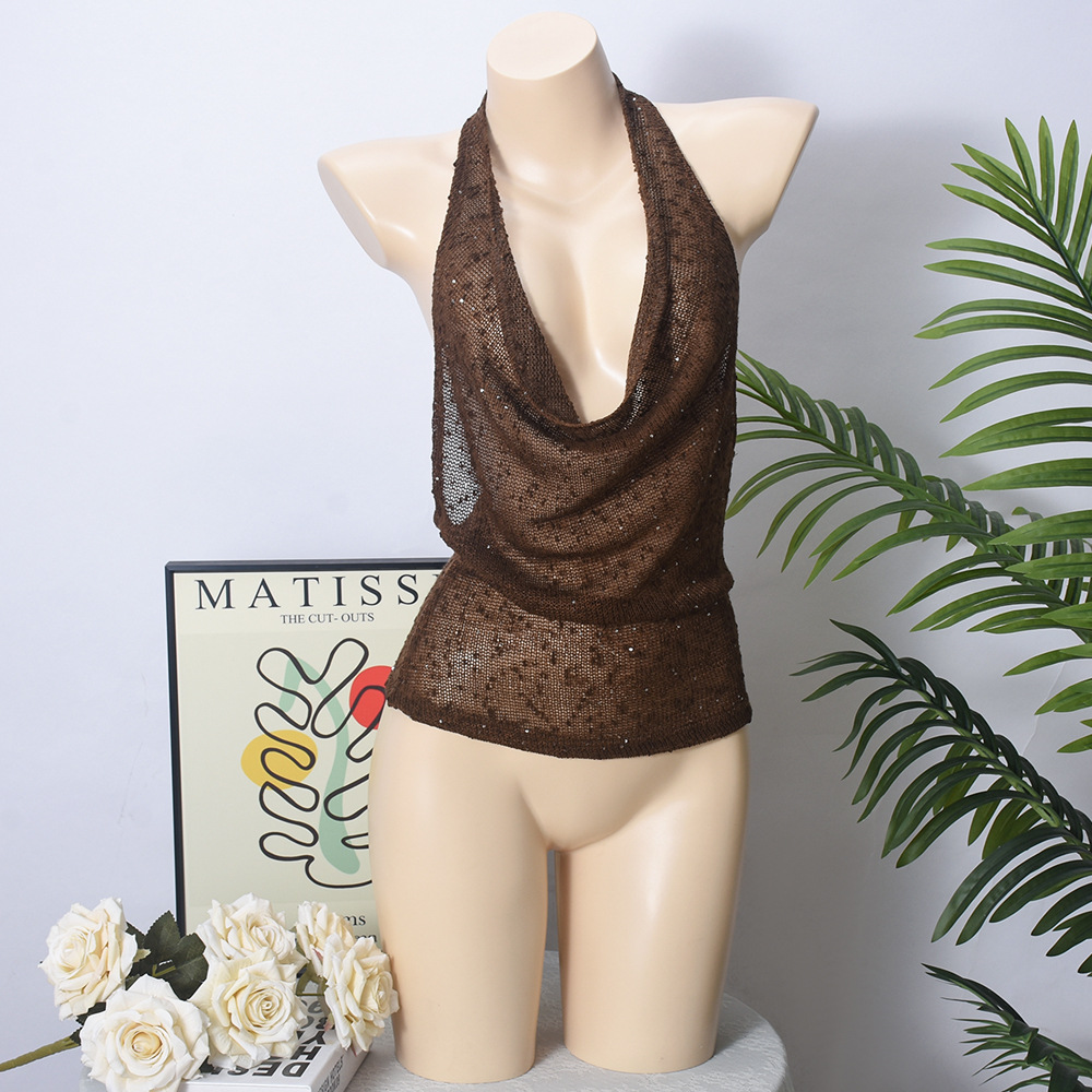 Shiny Deep V Neck Solid Color Vest Fashion Halter Top For Women