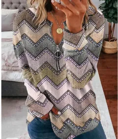 Striped Printed Long-sleeve Zipper Foreign Trade Women's Top - 002 Style-Xl - View 1
