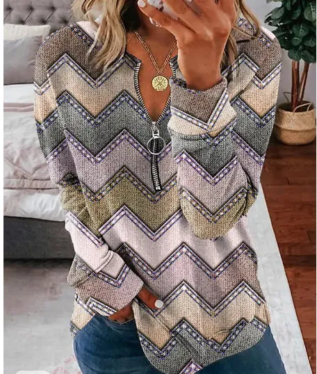 Striped Printed Long sleeve Zipper Foreign Trade Women's Top 002 Style Xxl - Shop at LoveMi
