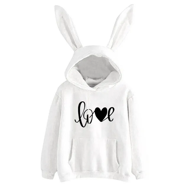 Hooded Rabbit Sweater Love Loose Casual Top White - Shop at LoveMi