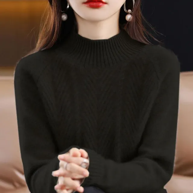 Half Turtleneck Thick Loose Pullover Women's Sweater Black - Shop at LoveMi