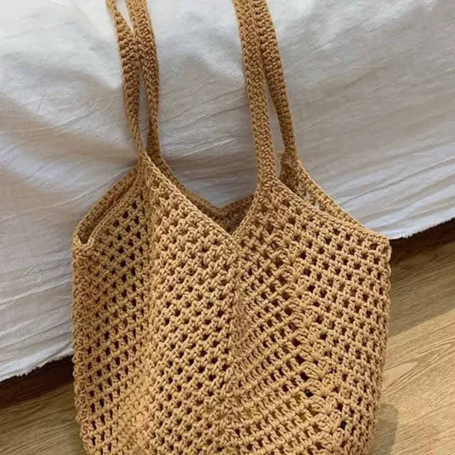 Woven Tote Hollow Holiday Straw Beach Casual Shoulder Bag Khaki - Shop at LoveMi