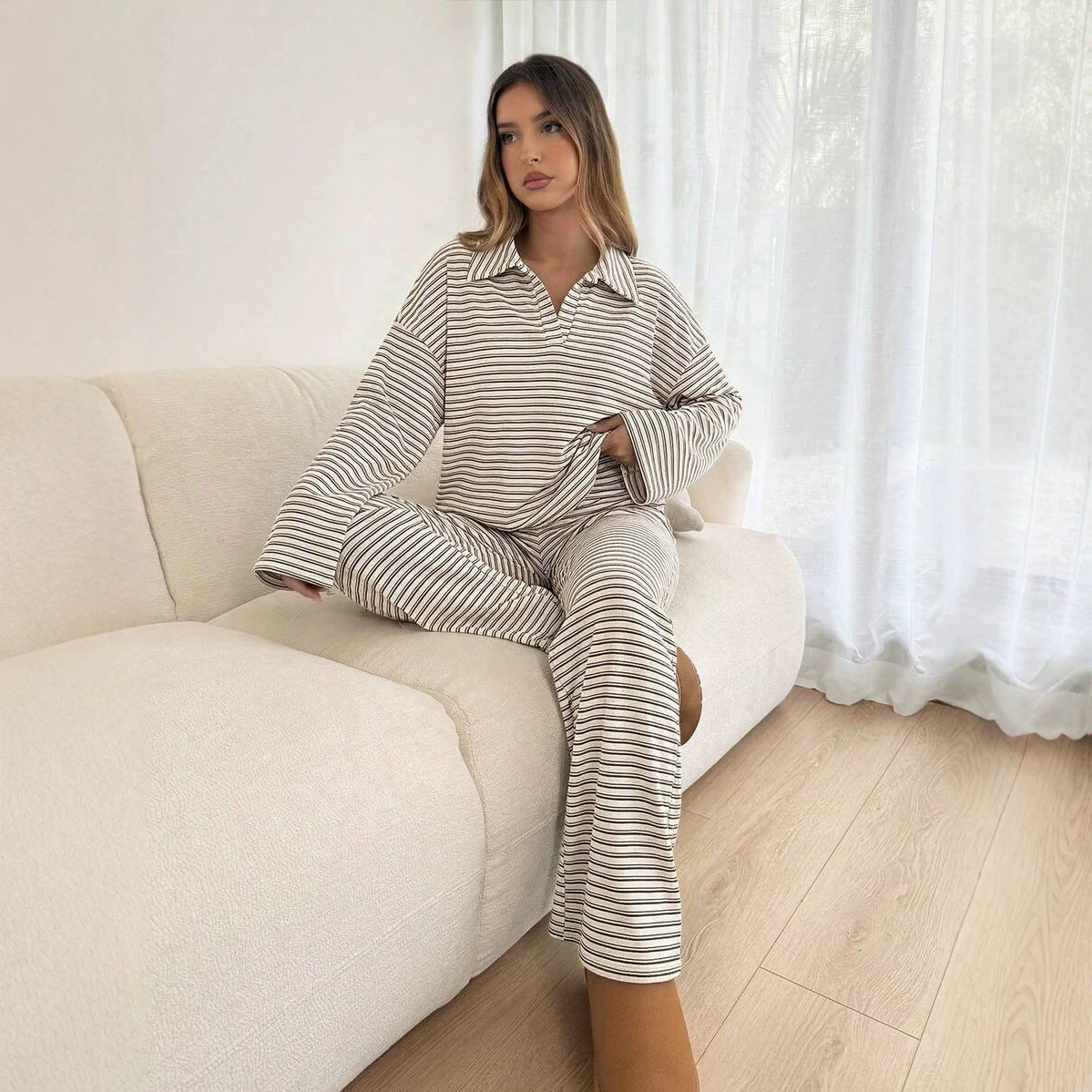 Notch-collar Pullover Long-sleeve Top And Wide-leg Pants Set 8