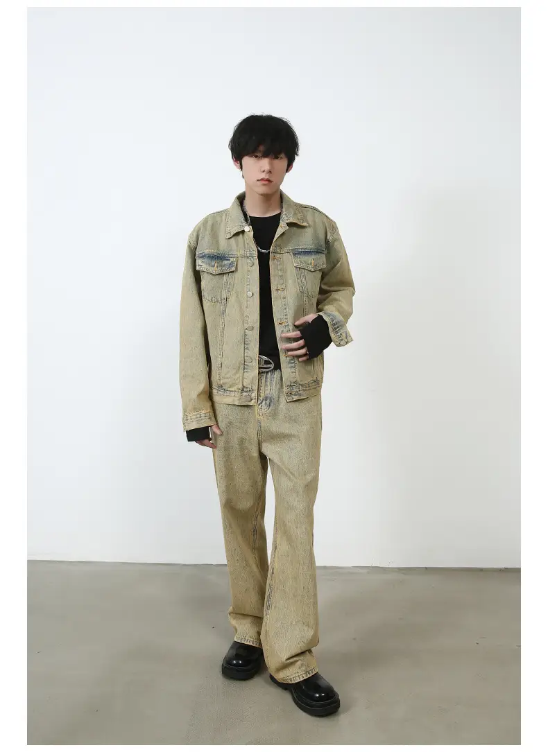 Washed Distressed Yellow Mud-color Straight Jeans