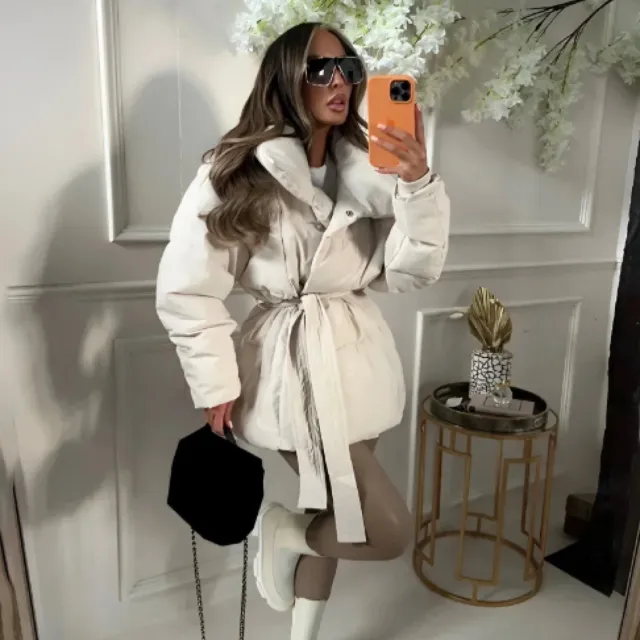 Winter Thickened Jacket Fashion Lapel Cotton Coat With Belt Warm Casual Top Outwear Women's Clothing White - Shop at LoveMi