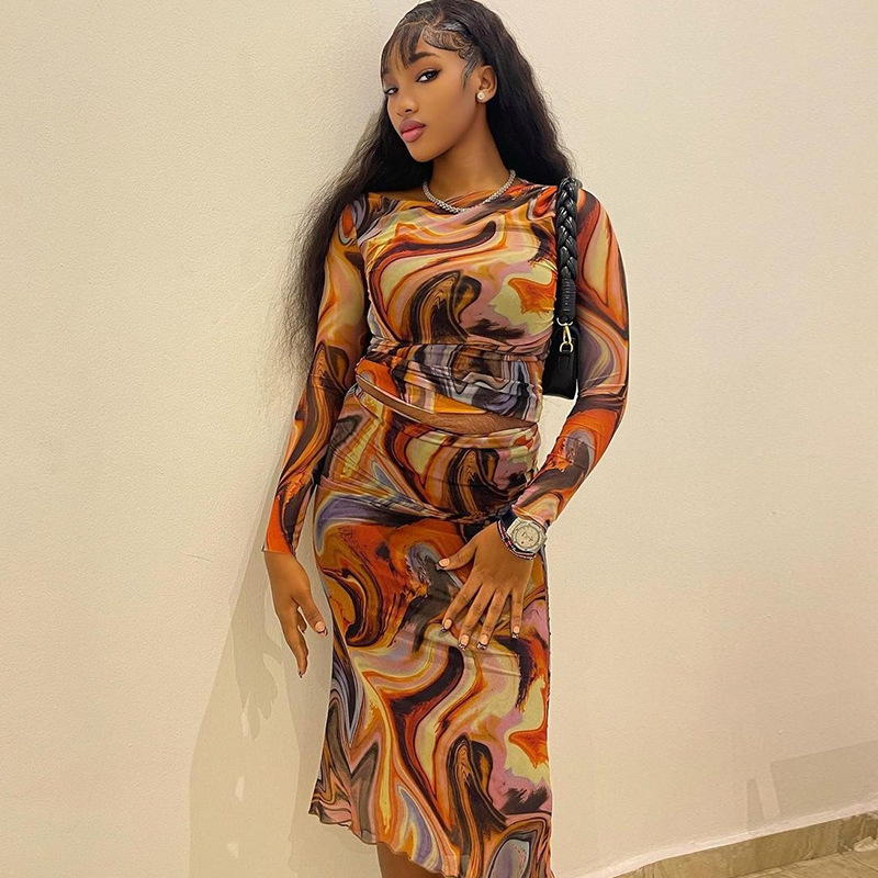 Printed Crewneck Long-Sleeve Midriff-Baring Top And Sheath Skirt Set For Women