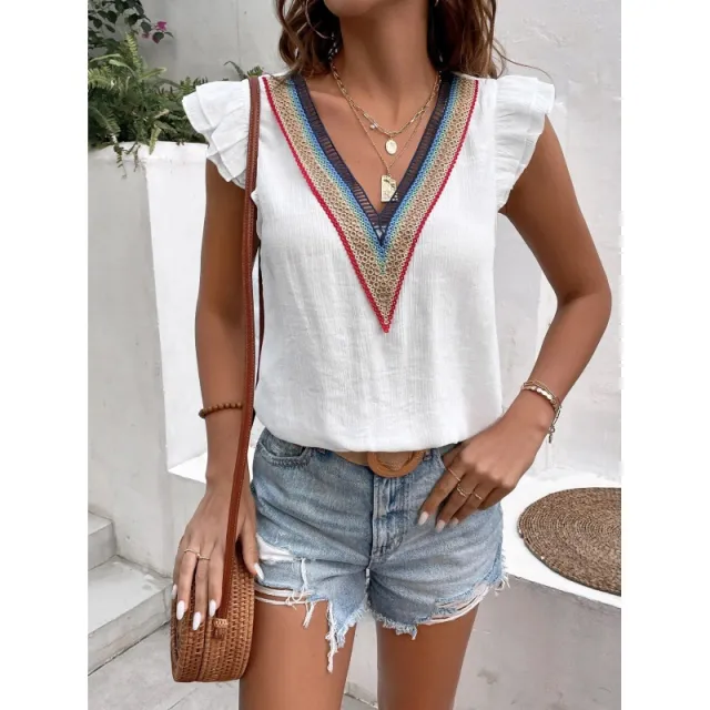 Vintage Shirt Women's Deep V Lace Hollow out Short sleeved Top White - Shop at LoveMi
