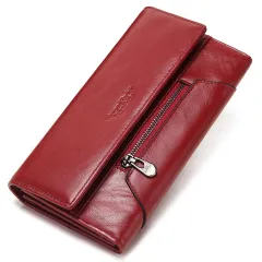 Long Cowhide Multiple Card Slots Coin Pocket RFID Anti-magnetic Women's Handbag - Red - View 1