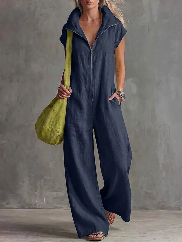 Women's sleeveless jumpsuit in light blue – full outfit view