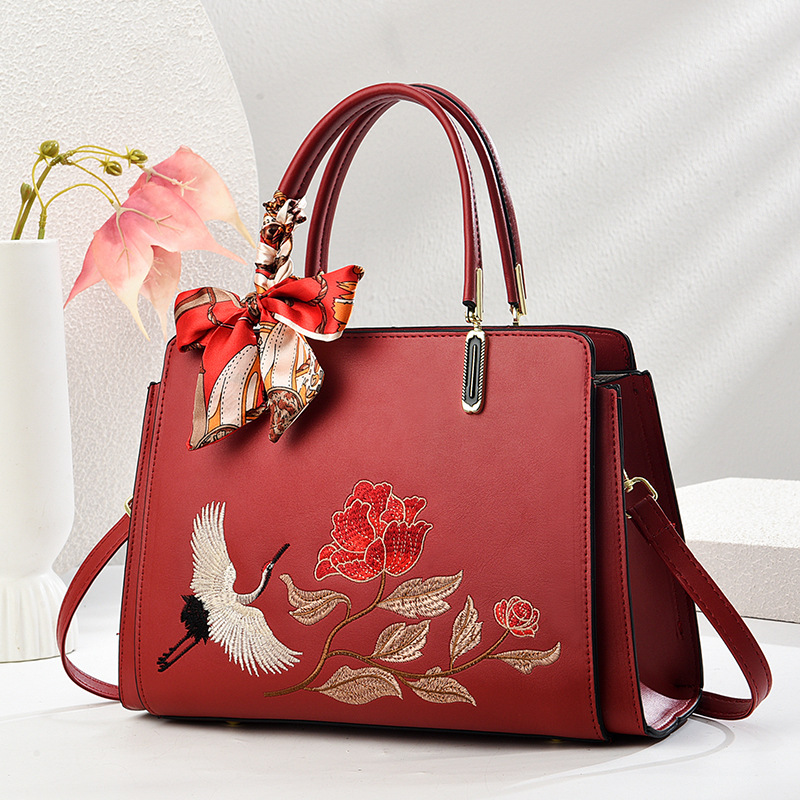Womens New Chinese-Style National-Flair Embroidered Crane Fashion Crossbody Tote Bag
