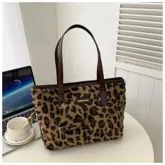 Fashionable Furry Western Style Leopard Print Casual Texture Underarm Handbag - Brown - View 1