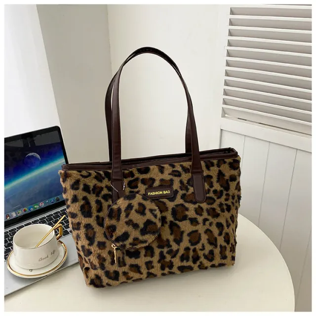 Fashionable Furry Western Style Leopard Print Casual Texture Underarm Handbag Brown - Shop at LoveMi