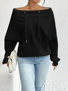 Women's Loose Casual Drawstring Off-the-shoulder Off-shoulder Top - Black - View 1