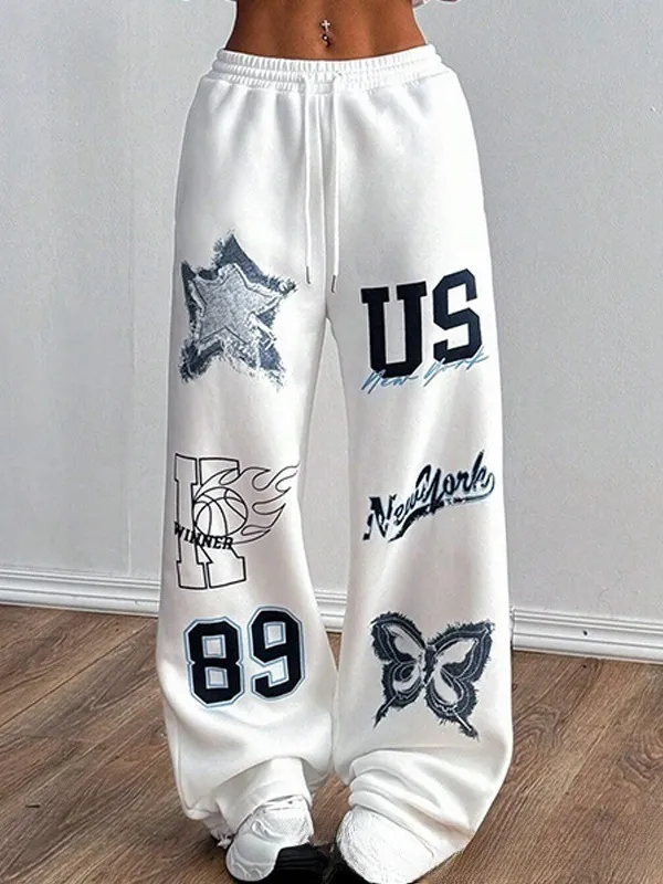 Women's Printed Drawstring Straight Sports Casual Pants White Sweatpants - Shop at LoveMi