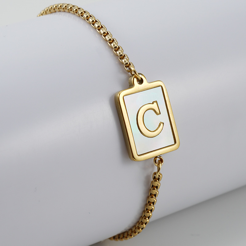 Women's Stainless Steel 18K Gold Adjustable Natural Shell Letter Bracelet