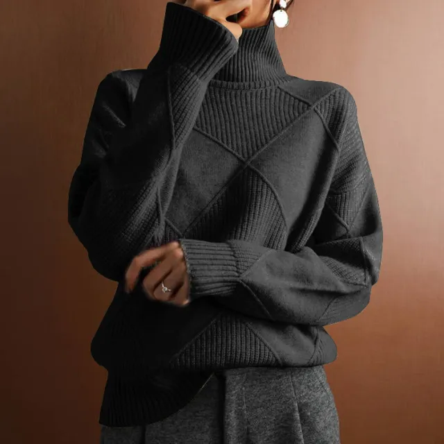 Loose High Collar Warm Sweater Solid Color Knitted Women Black - Shop at LoveMi