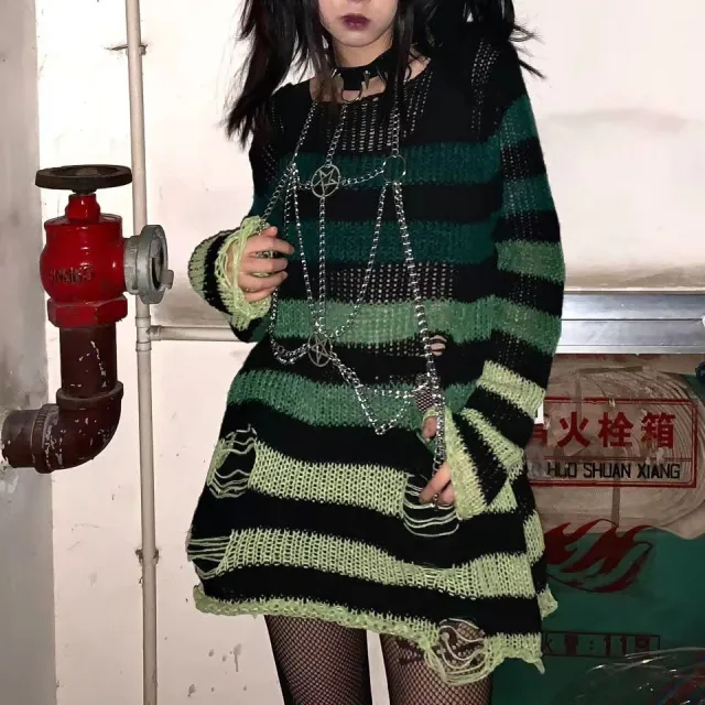 Loose Striped Knitted Gradient Ripped Sweater Gradient Green - Shop at LoveMi