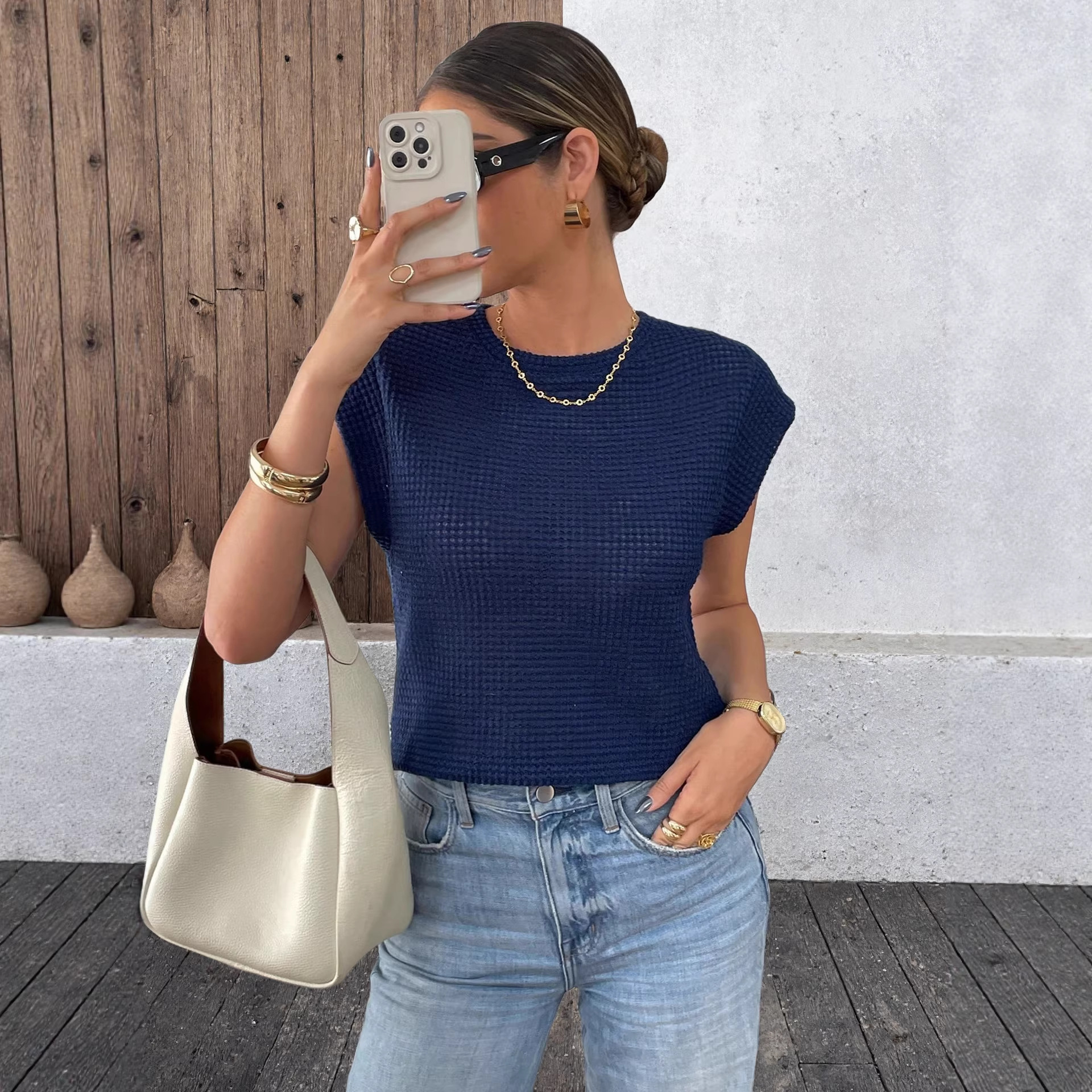 Womens Casual Crew-Neck Sleeveless Hollow-Out T-Shirt