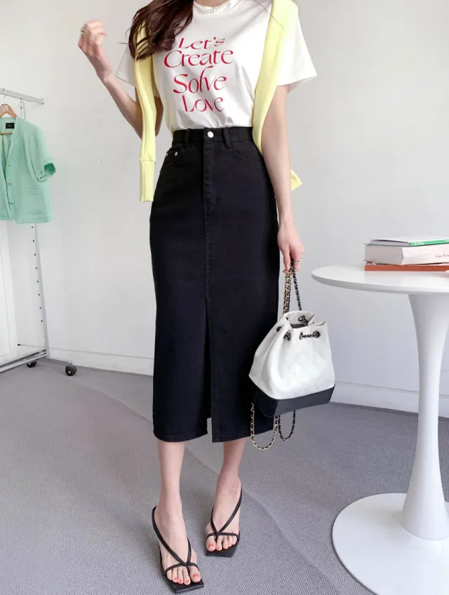 Niche Retro High Waist Slimming Design Slit Slim fitting Sheath Denim Skirt Black - Shop at LoveMi