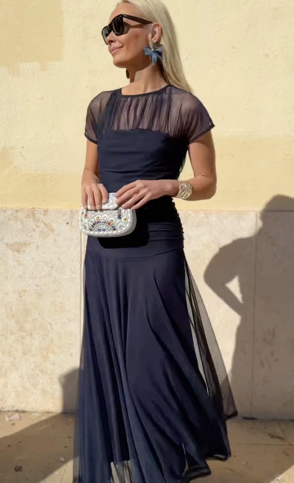 Mesh Round Neck Short Sleeve See through Large Swing Hip Pleated Dress Black - Shop at LoveMi