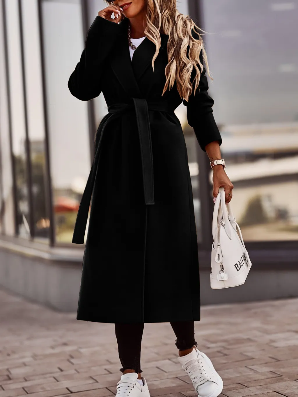 Autumn And Winter Simplicity Long Sleeve V-neck Lace Up Woolen Coat Top Women - Black