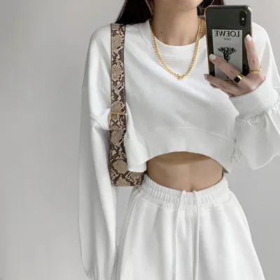 Short Sweater Women's Solid Color Loose Round Neck White - Shop at LoveMi