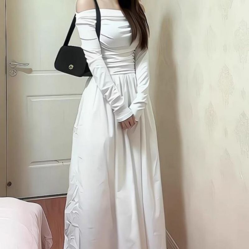 Off shoulder White Knitted Long sleeved Dress Women Ds396 White - Shop at LoveMi