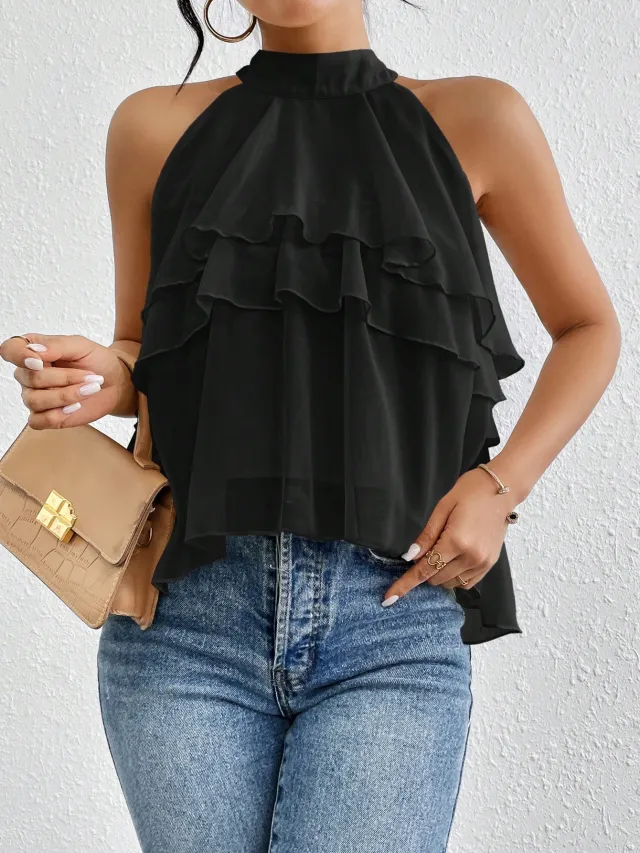 Women's Versatile Solid color Halter neck Sleeveless Top With An Irregular Ruffled Hem Black - Shop at LoveMi