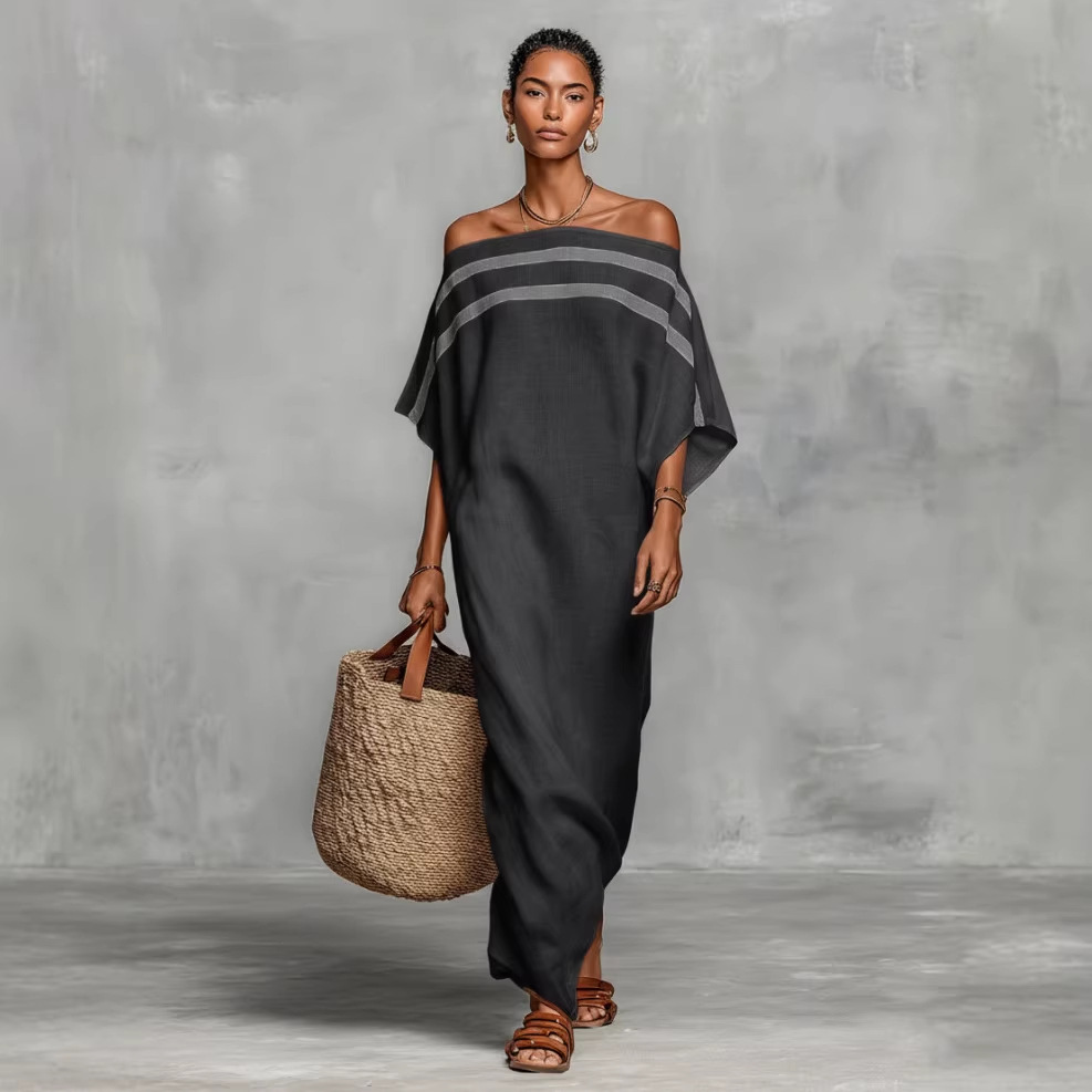 Womens Stand-Up Collar Striped Casual Loose Dress