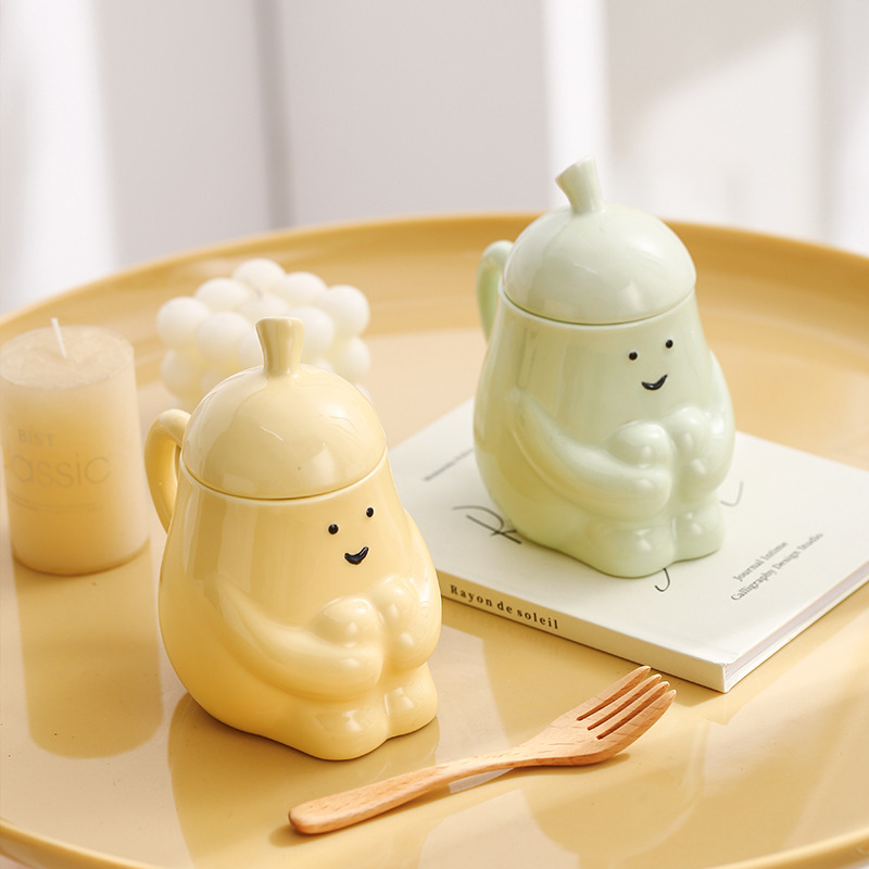Hug Pear Water MugCeramic Mug Student Breakfast Milk Cup With Lid 3