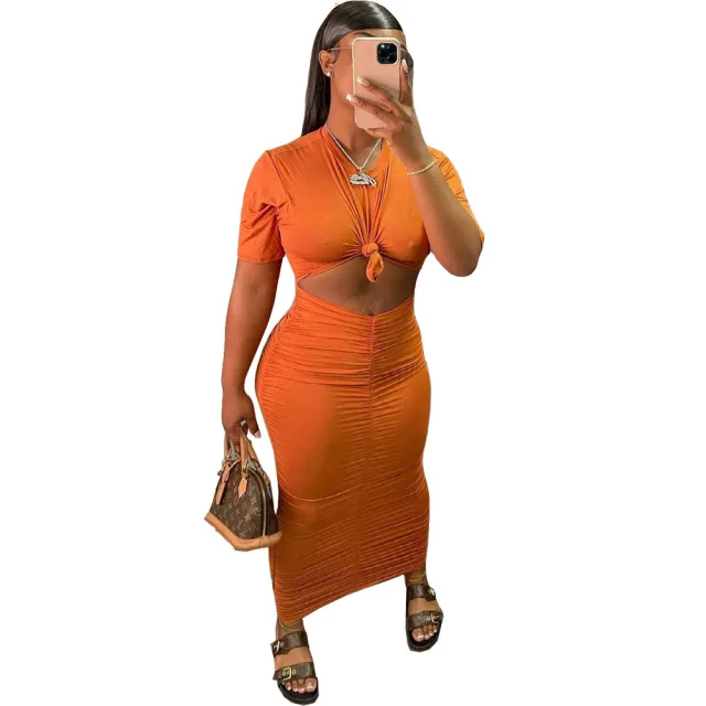 Sexy Solid Color Pleating Short Sleeve Dress Suit Orange - Shop at LoveMi