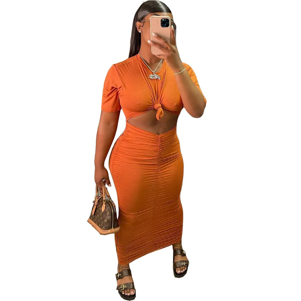 Sexy Solid Color Pleating Short Sleeve Dress Suit - Orange