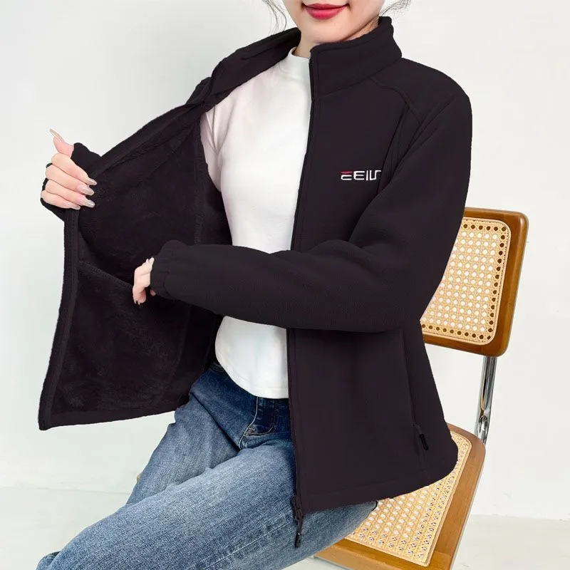 Fleece Sweater Thick Loose Mom Stand Collar Coat - Black