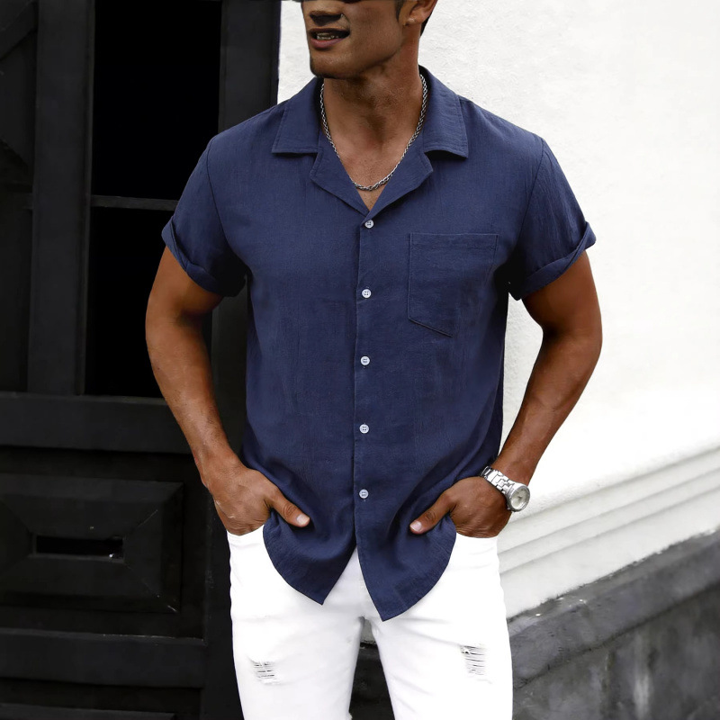Mens Casual Thin Cotton-linen Short-sleeve Shirt