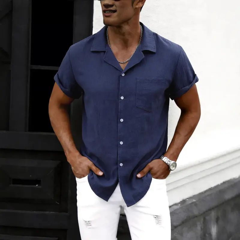 Mens Casual Thin Cotton-linen Short-sleeve Shirt