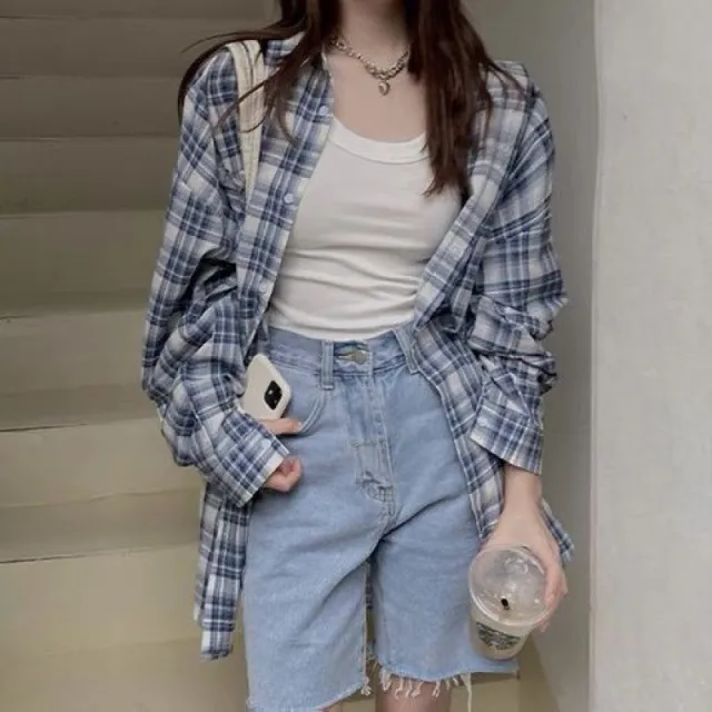 Women's Fashion Casual Long Sleeve Shirt Blue And White Plaid - Shop at LoveMi