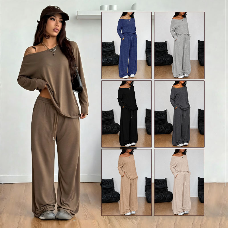Womens Casual Loose-Fit Off-Shoulder Wide-Leg Pants Set