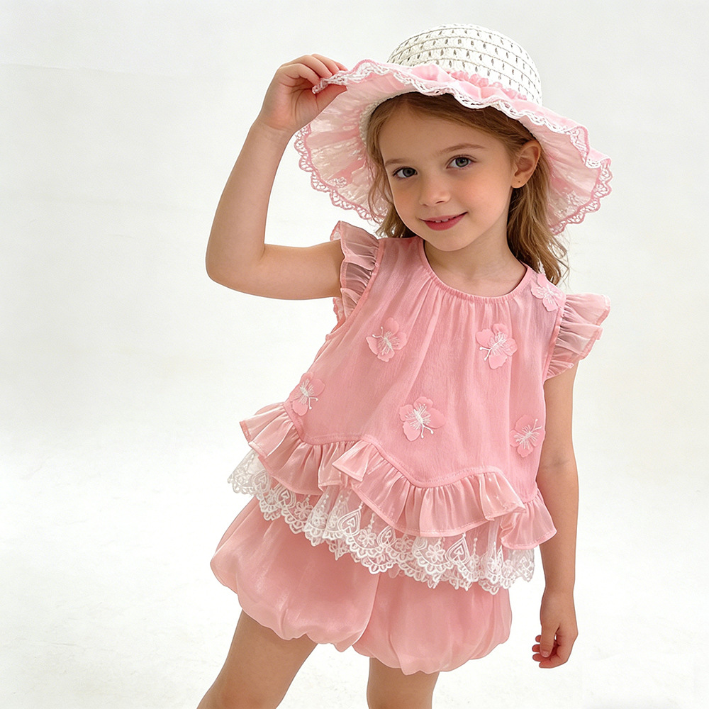 Girls Bow-Tie Lace Vest And Shorts Set Hat