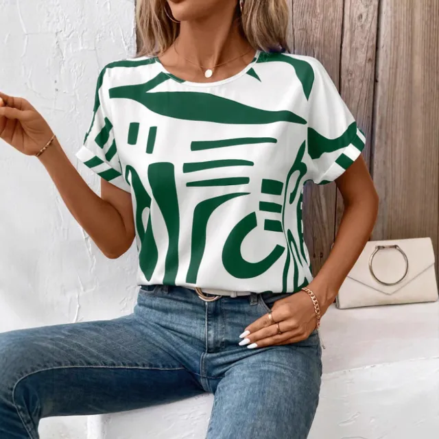 Batwing Sleeve Round Neck Geometric Printed Shirt For Women Green - Shop at LoveMi