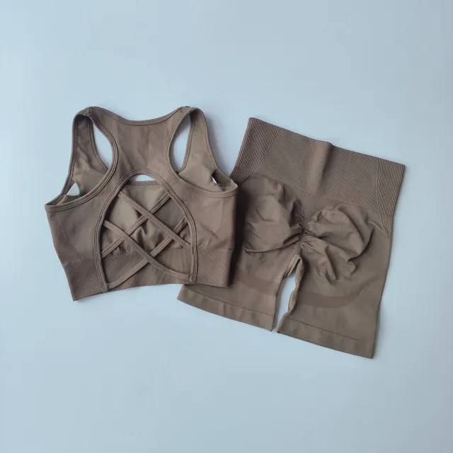Quick drying Sports Suit Women's Seamless Yoga Suit Yoga Clothes Shorts Two piece Set Camel Bra Shorts - Shop at LoveMi