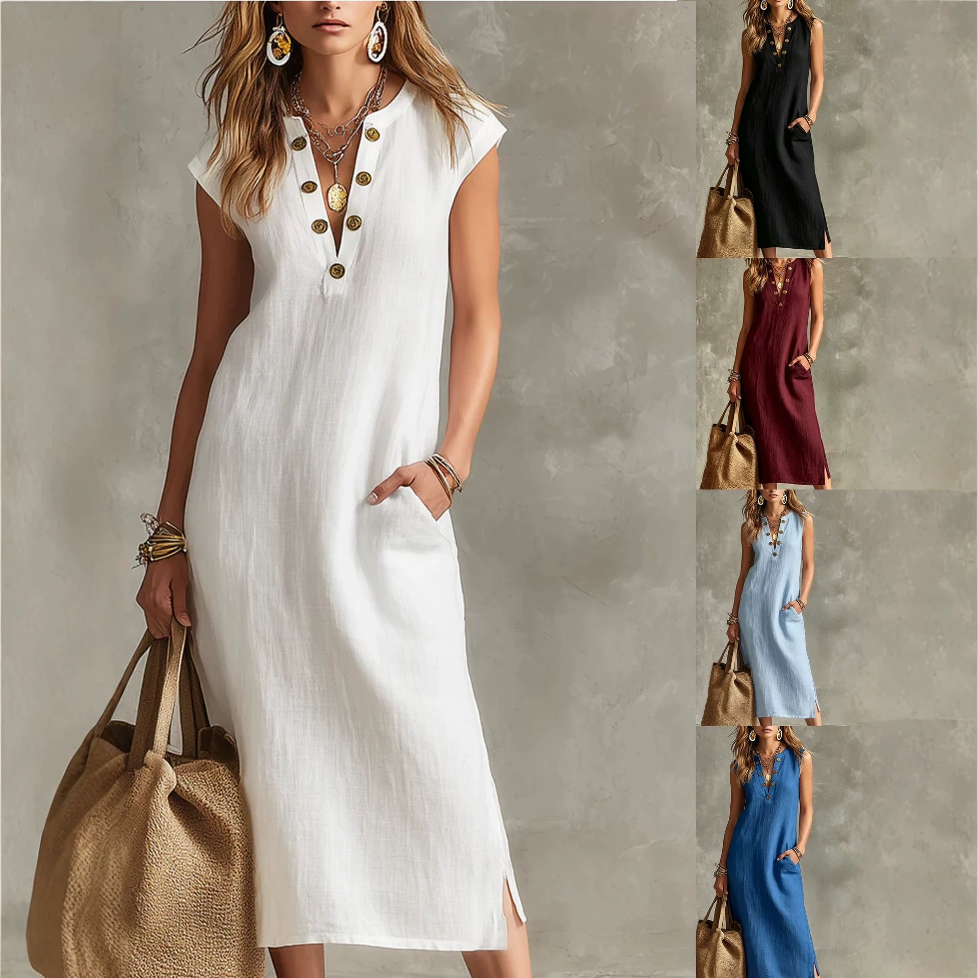 Womens Simple And Elegant Solid-color Dress