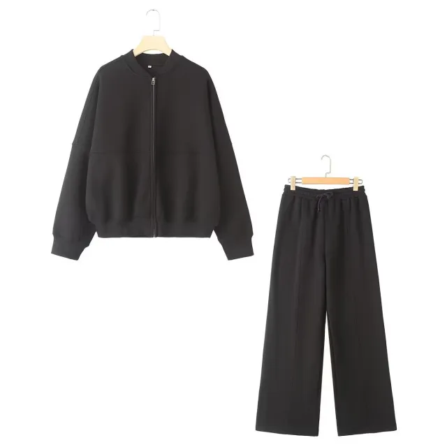 Zipper Bomber Jacket Coat Sweater Loose High Waist Flannel Pants Black Set - Shop at LoveMi