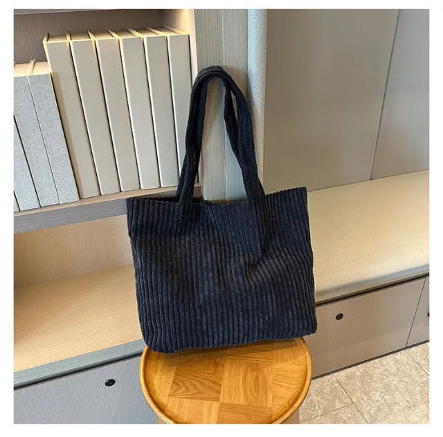 Solid Color Retro Corduroy Fashion Design Shoulder Bag Black - Shop at LoveMi