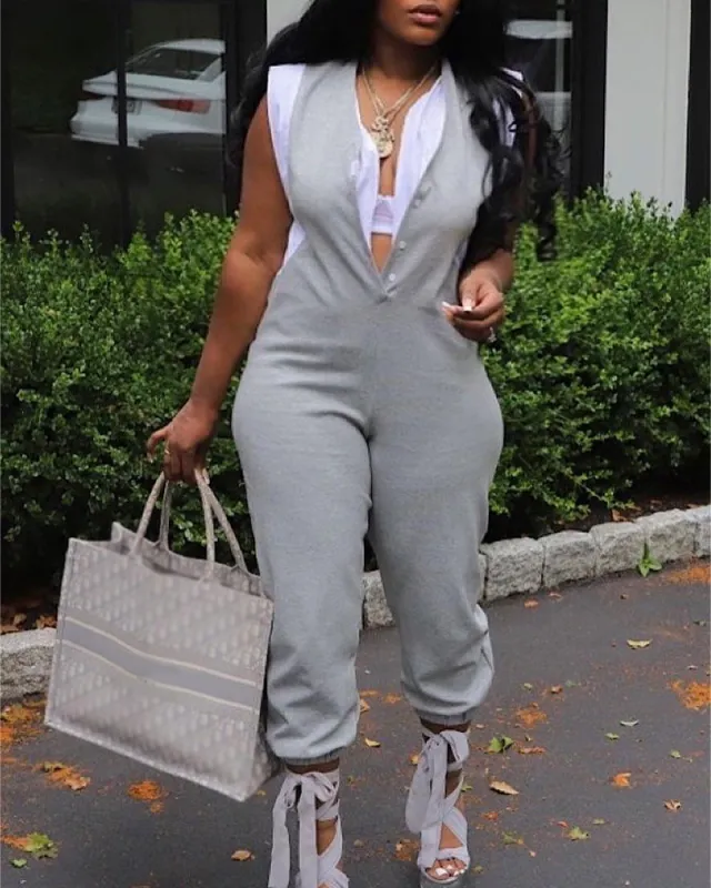 Fake Two piece Sleeveless Long Ankle Banded Jumpsuit Gray - Shop at LoveMi